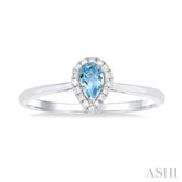 5x3 MM Pear Shape Aquamarine and 1/20 Ctw Single Cut Diamond Halo Semi-Precious Ring in 14K White Gold
